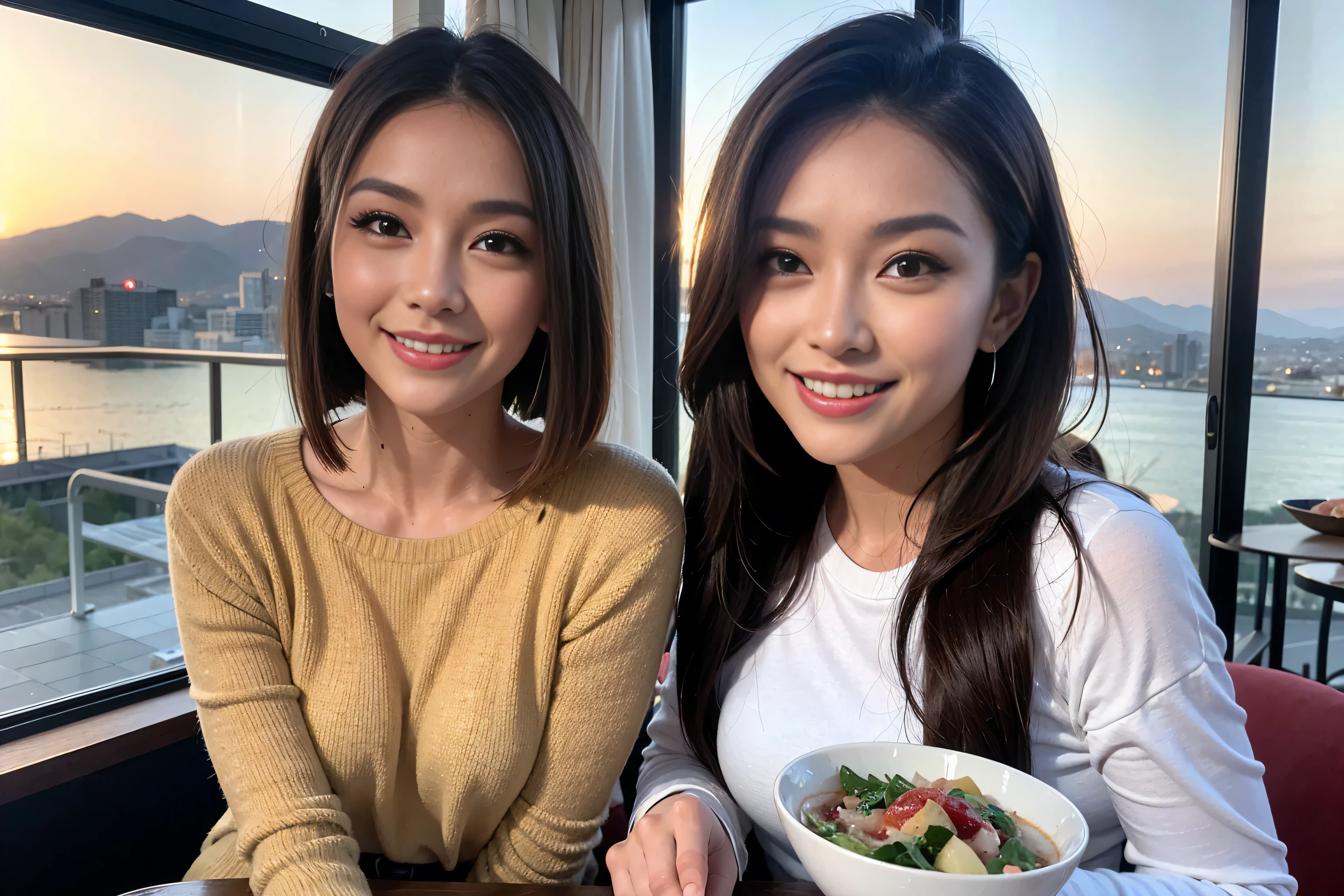 （Realistic:1.1）,(masterpiece,Highest quality)，8k,(49 years old), 50 years old, slimカップル、Tight waist,Upper Body,full-course dinner、wine 、Amazing view of the sunset sky and clouds、Perfect Anatomy, Brown Hair, short hair,Random Hairstyles,((Highly detailed face and eyes:1.2))，Perfect golden ratio face，Long sleeve shirt、dress,(smile:1.2)、Shortcuts、cute、(Realistic, Intricate details:1.2), A bright smile、short hair,Bright Face、赤wine 、Appetizers、Italian food、wine bottle、Champagne、スパークリングwine、(slimな顔), (The body is slim), (Brown Hair), (Shortcuts),  Upper Body, 白wine, slim, wineグラス, 