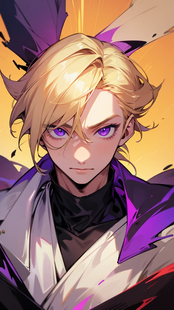 Full image of a blonde haired man with purple eyes