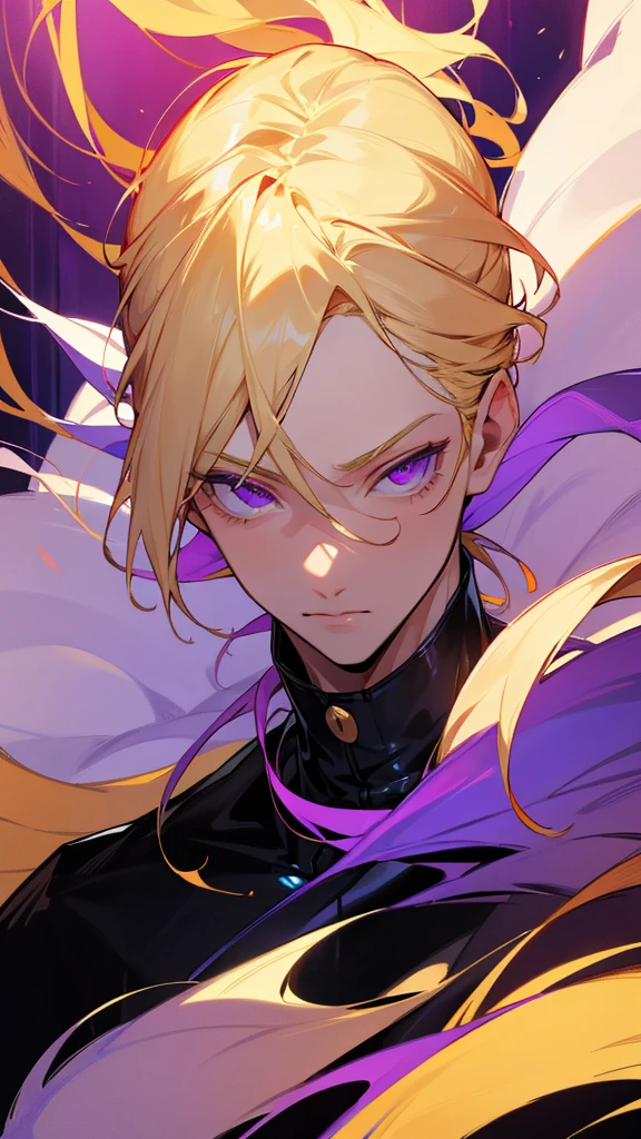 Full image of a blonde haired man with purple eyes