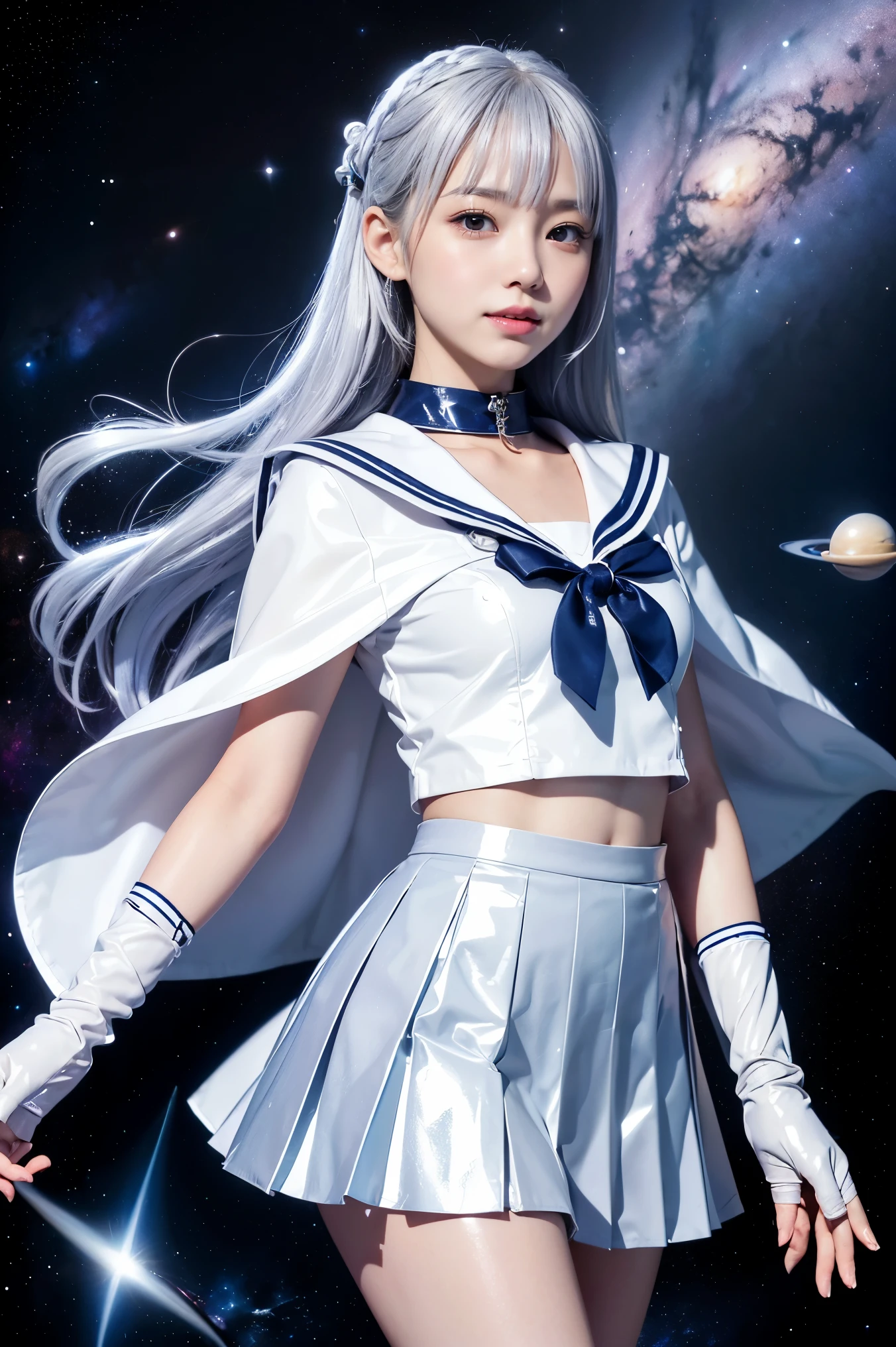 (((Silver colored hair)))、(((A 14-year-old Japanese girl wearing a shiny short-sleeved sailor uniform with elbow gloves and a cloak over it.,smile)))、(((Silver White Latex Sailor Collar)))、(((Silver White Latex Pleated Skirt)))、choker、Earrings、ribbon、((belly button))、 (((Sailor Warrior Uniforms)))、、Beautiful ornaments: 美しいPerfect Face, Soft Skin、Perfect Face, Intricate details, Splash screen, 8k resolution, masterpiece, Cute Face、(((Space Background)))、Queen of Queenasterpiece, Highest quality, Highest quality, Official Art, Beauty and aesthetics: 1.2), (One girl: 1.3)