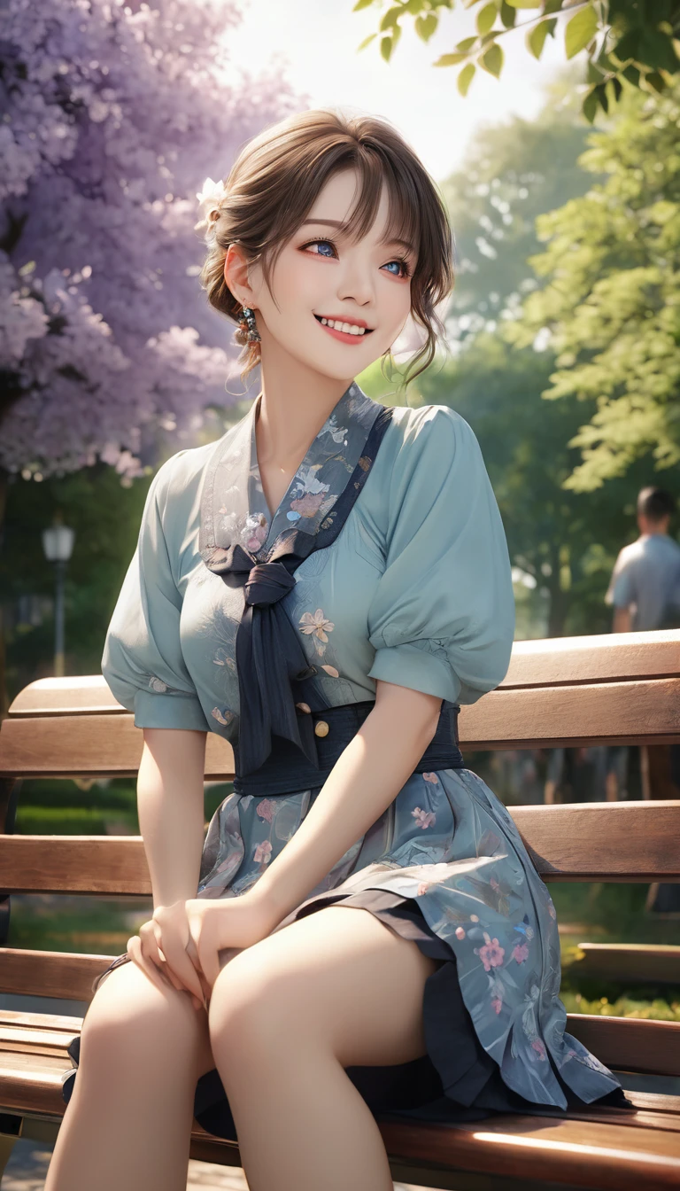 A refreshing and captivating smile、heartfelt love、A smile that stirs discomfort and anxiety、It reflects a desire and dedication to serve the audience.。 (Highest quality、4K、8k、High resolution、masterpiece:1.2)、Super detailed、(Real、Photorealistic、Photorealistic:1.37)、Mature woman sitting on a park bench、Captivating eyes、Strict but caring、Shot from below、The opposite perspective、A longing for dedication、Clinical Affection、Unusual Temptation、Bright colors、Dramatic lighting、Intricate details、Cinematic composition