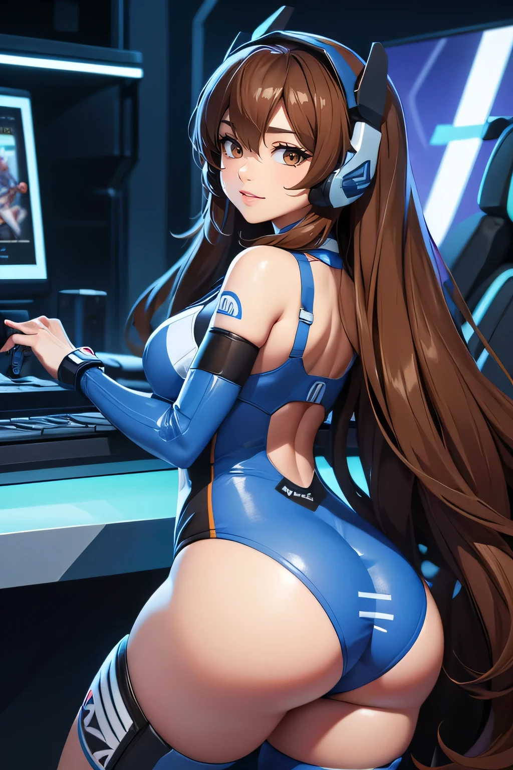 Brown long-haired。Brown eyes。Cybercore。Ass shot。Smirking。Wearing gaming headset。 Wearing blue and white。 sexy horny