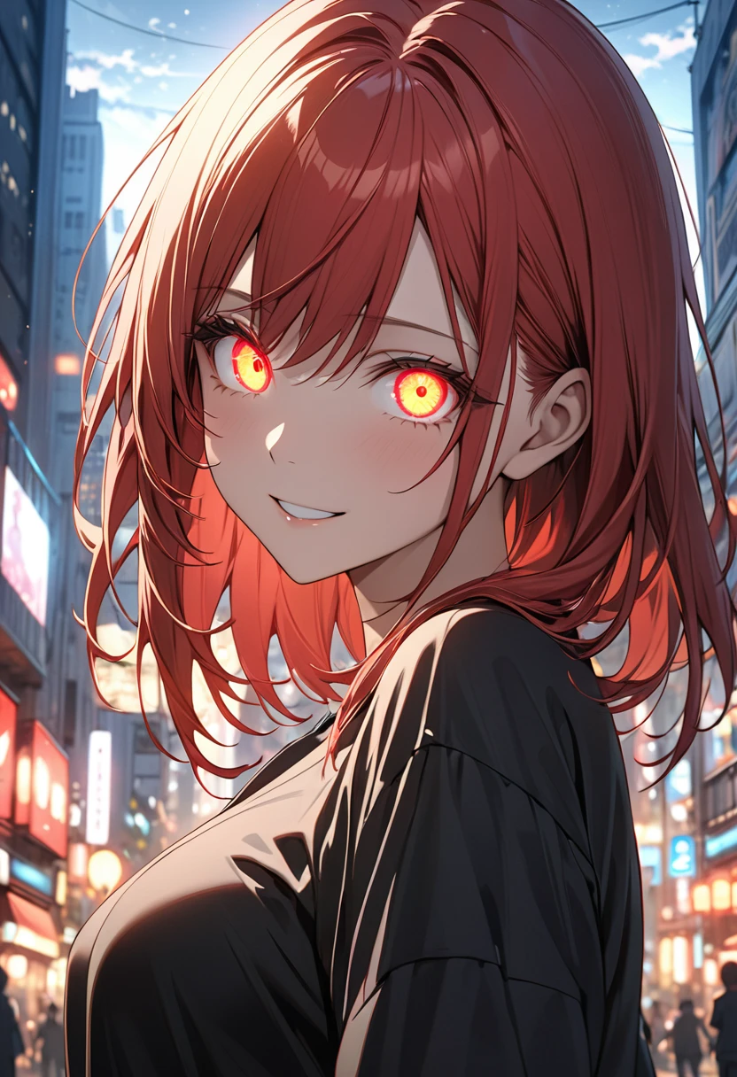 ((Best quality)), ((master piece)), (High datail:1.3), Woman, age 18, red hair, (makima:1.4), (((detailed eyes))), (((glowing eyes))), ([High details]) wearing black shirt, smiling, ((city)), high quality, 4k resolution, depth of field, anime, --v6