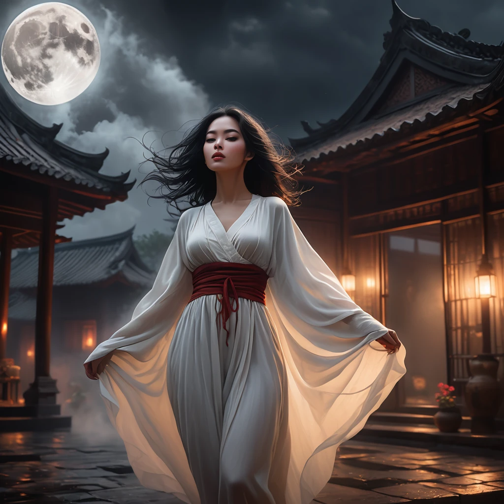 A haunting masterpiece, of unparalleled quality, showcasing a woman floating high in courtyard of the village house (indonesia), dramatic sky on background, full moon.  She wear long white slubby dirty cloth, her black hair were so long long covered her face. windy mood. scene is rendered in exquisite detail, a testament to the artist's skill. The atmosphere is horrific, laden with sadness and a profound sense of melancholy. The woman torn clothing is rendered with details, contrasting starkly with the somber scene. The dramatic lighting, inspired by chiaroscuro, creates a cinematic atmosphere, with deep shadows and highlights that evoke a moody, gritty, and dark gothic ambiance. [The character is surrounded by mist, evoking a mysterious and eerie atmosphere. The lighting is dark and atmospheric, with a red smoke adding a touch of sinister ambiance. The image is of the best quality, with a resolution of 4k and HDR enhancement, showcasing the utmost level of detail and realism, sfw, full body shot.]. [8K, Best Quality, Masterpiece, Ultra High Resolution, (highly detailed CG unity 8k wallpaper), (best photo), (best shadows), isometric 3D, octane rendering, ray tracing, highly detailed, (Best quality, 4K, 8k, A high resolution, masterpiece:1.2), absurdity, masterpiece, ultra detailed, (realistic, photorealistic, photorealistic:1.37), complex parts, HDR, (complex parts:1.12), (hyper detailed, hyper realistic, Soft lighting, spicy:1.2), (complex parts, Hyper detailed:1.15). Blurred foreground. (backlit), realistic, masterpiece, high quality, brightness, chromatic aberration, 8k uhd, some smoke, shadows, contrast, clear sky, (warm hue, warm tone), high details, natural reflections].