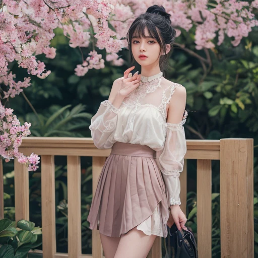 best quality, masterpiece, lifelike, 1 girl, solitary, eternity, black hair, hair tied into ponytail, Bangs, wear a skirt, flower, Detailed Background, Delicate face,pink blush,cold,lots of lace,((masterpiece))、(top quality)、8k、high detail、Super detailed、 21 years old female,masterpiece、born、Fair、magic、realism、Visual effects、FXAA、SSAO、Shader、voiceless、ambient lighting、Tone mapping、High resolution、Ultra high quality、Million pixels、(8k resolution:1.10)、8k resolution、high detail、intricate details、 (high quality:1.2、masterpiece:1.2、:1.21)、(21 years old female),Travel Photos