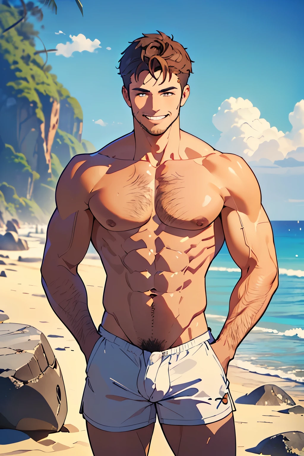 ((best quality)), ((masterpiece)), ((detailed)), (((perfect face))), (((well built man))), (((male))), (((nude))), (((enormous dick))), (((thick legs))), (((abs))), (((perfect body))), (((muscular))), (((happy, smiling, grinning))), (((looking at viewer))), (((beach, rocks))), (((arms crossed))), (((brown hair))), (((facial hair:0.9))), (((chest hair:0.9))), (((bare chest))), ((bare arms)), ((bare shoulders)), (((hands on hips)))