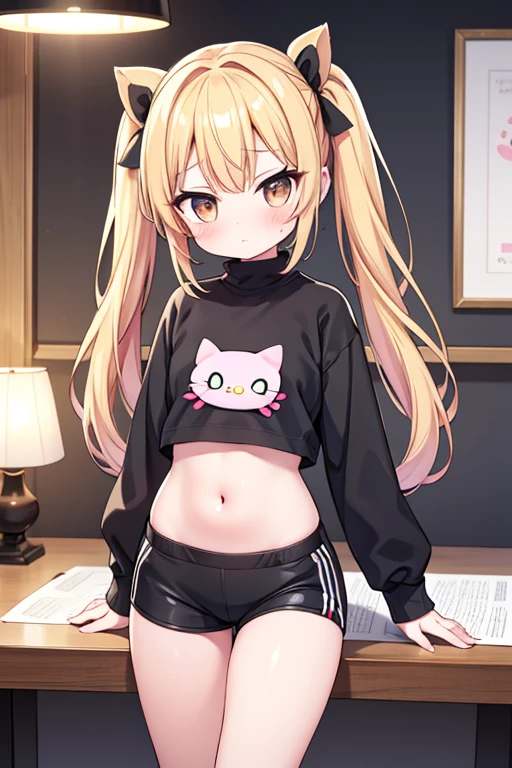Maximum quality, work of art, high qualiy, detailed 8k, neat graphics. a girl, 独奏, very beautiful very beautiful. small, with dark brown eyes, blonde hair tied in pigtails, (blushed, vermelha) looking at me with a silly but cute vulnerable expression, (Broad Hips) wearing a short black sweatshirt with thick, long sleeves showing her stomach and wearing short black shorts. Appearing to be drawing something on a white sheet of paper on a table with a lamp with a Hello Kitty Funko.