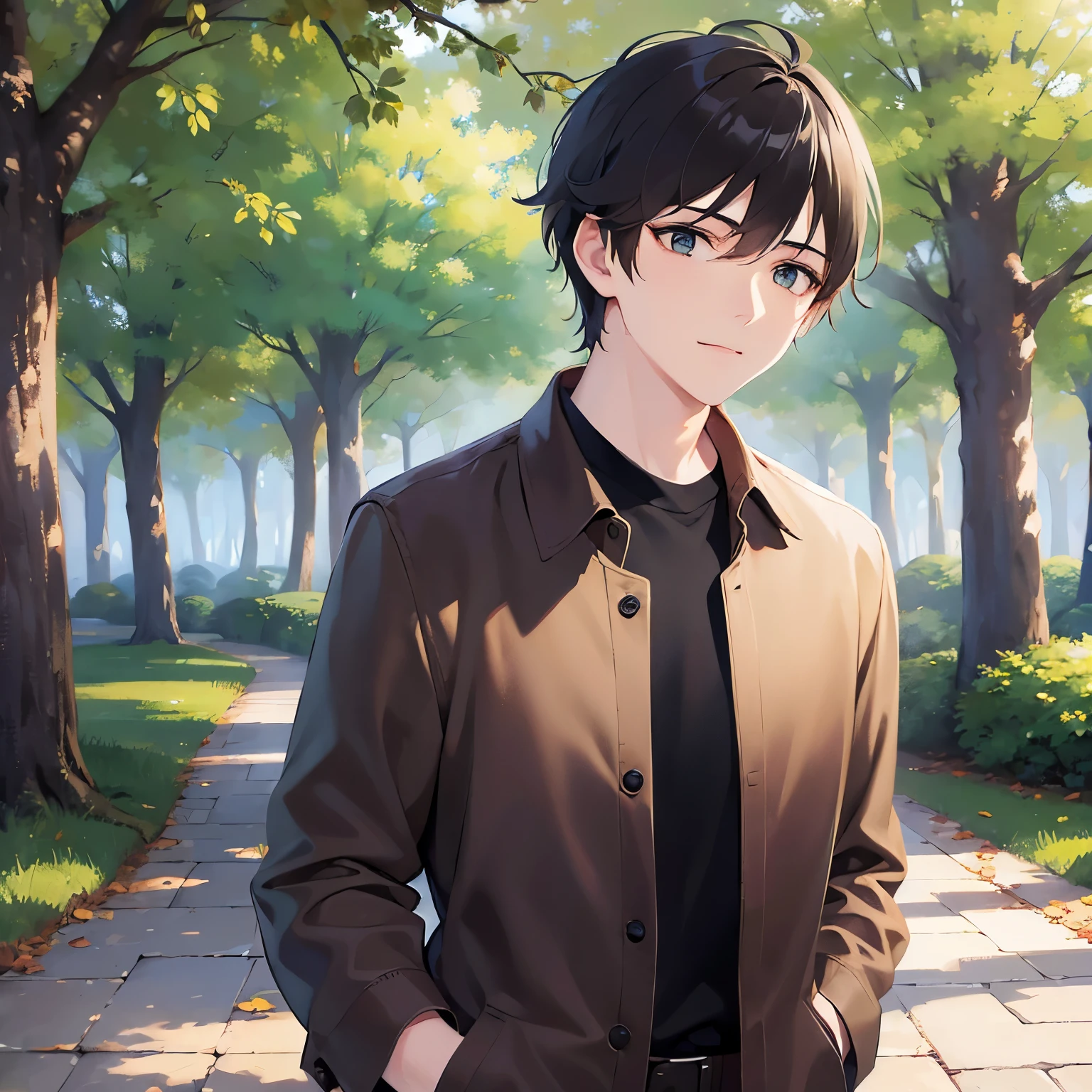 (looking away:1.5),upper body,
masterpiece、Highest quality、
BREAK (25-year-old male:1.5) and (Mahogany brown short hair) and (Green Eyes)
 BREAK,Black long sleeve shirt,The background is a park
(smile:1.2),The background is a park