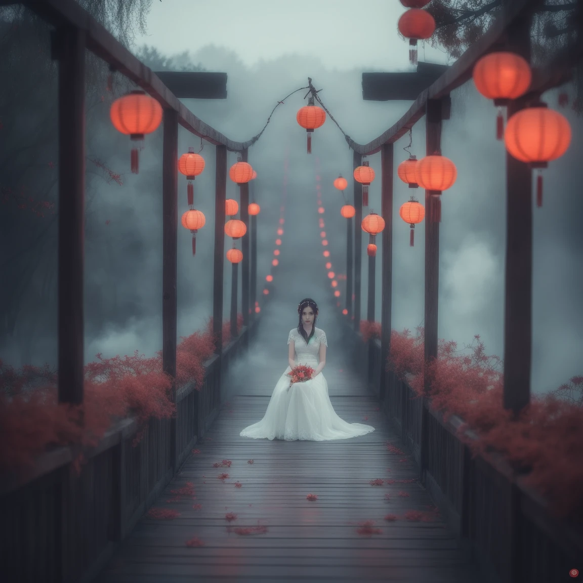 (masterpiece, best quality:1.2), upper body, ((1 beauty girl)), ((wearing clothes)), solo, ((sitting pose)), The mysterious Chinese wooden suspension bridge is endlessly long, floating in the mist, on both sides of the bridge are fallen lanterns, on both sides of the river are decorated with red spider lilies, ethereal lighting, delicate smoke effects, dreamlike background , the symbol symbolizes the spiritual journey and reunion, gentle pastel colors, quiet atmosphere, chinese hell theme, cinematic, dark scene,