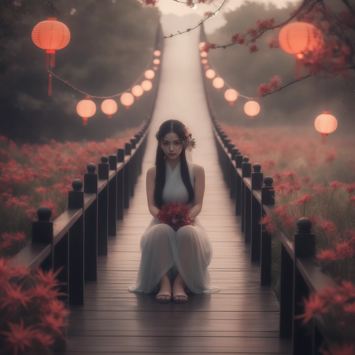 (masterpiece, best quality:1.2), upper body, ((1 beauty girl)), ((wearing clothes)), solo, ((sitting pose)), The mysterious Chinese wooden suspension bridge is endlessly long, floating in the mist, on both sides of the bridge are fallen lanterns, on both sides of the river are decorated with red spider lilies, ethereal lighting, delicate smoke effects, dreamlike background , the symbol symbolizes the spiritual journey and reunion, gentle pastel colors, quiet atmosphere, chinese hell theme, cinematic, dark scene,
