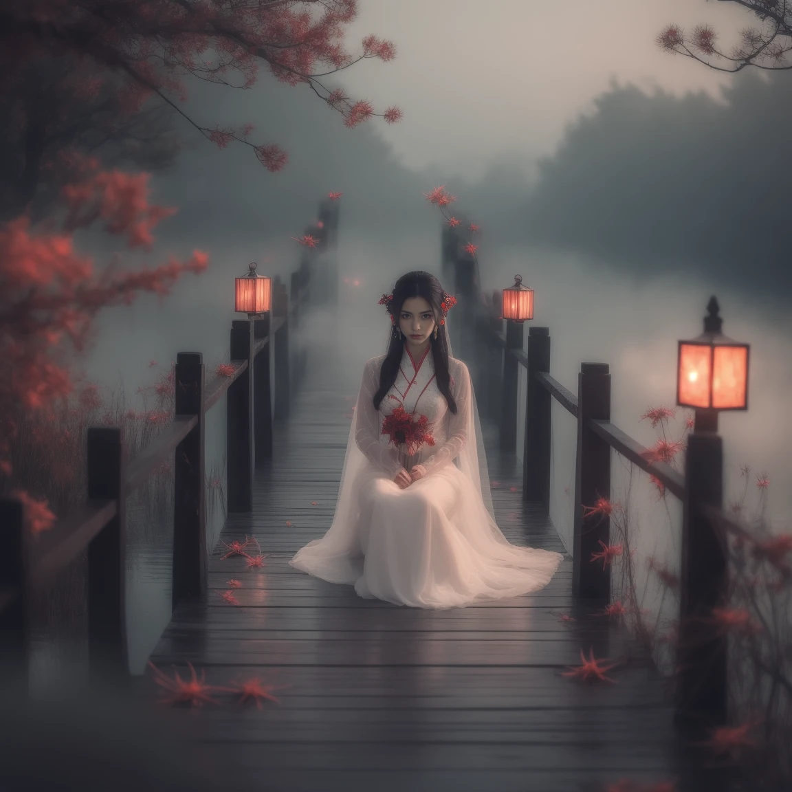 (masterpiece, best quality:1.2), upper body, ((1 beauty girl)), ((wearing clothes)), solo, ((sitting pose)), The mysterious Chinese wooden suspension bridge is endlessly long, floating in the mist, on both sides of the bridge are fallen lanterns, on both sides of the river are decorated with red spider lilies, ethereal lighting, delicate smoke effects, dreamlike background , the symbol symbolizes the spiritual journey and reunion, gentle pastel colors, quiet atmosphere, chinese hell theme, cinematic, dark scene,
