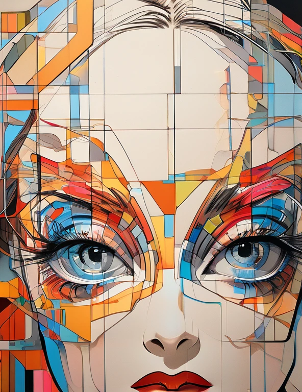 (masterpiece, Highest quality), 32K,(Highly detailed beautiful woman), posters,sf,1960s,1970s,Bauhaus, shape, Abstract, advertisement,movie posters, Vintage,retro,futuristic,anime,highlight,Highly detailed eyes,Mr..々angle、Highly detailed and versatile Mr...Expression,Very complex tattoos,Cleavage,Very complicated imitation Mr...,mandala,Geometry module Mr...