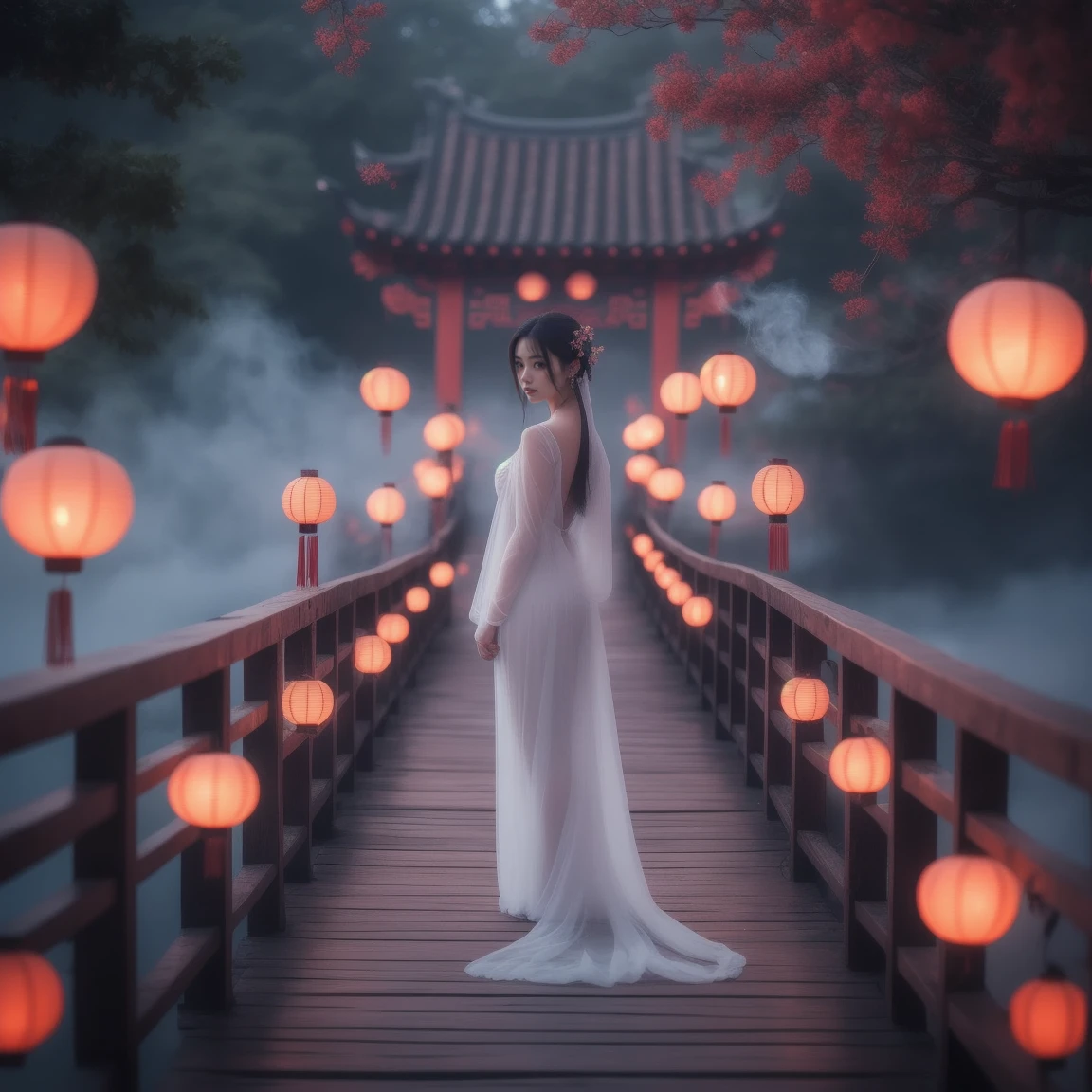 (masterpiece, best quality:1.2), upper body, ((1 beauty girl)), ((wearing clothes)), solo, ((standing pose)), The mysterious Chinese wooden suspension bridge is endlessly long, floating in the mist, on both sides of the bridge are fallen lanterns, on both sides of the river are decorated with red spider lilies, ethereal lighting, delicate smoke effects, dreamlike background , the symbol symbolizes the spiritual journey and reunion, gentle pastel colors, quiet atmosphere, chinese hell theme, cinematic, dark scene,