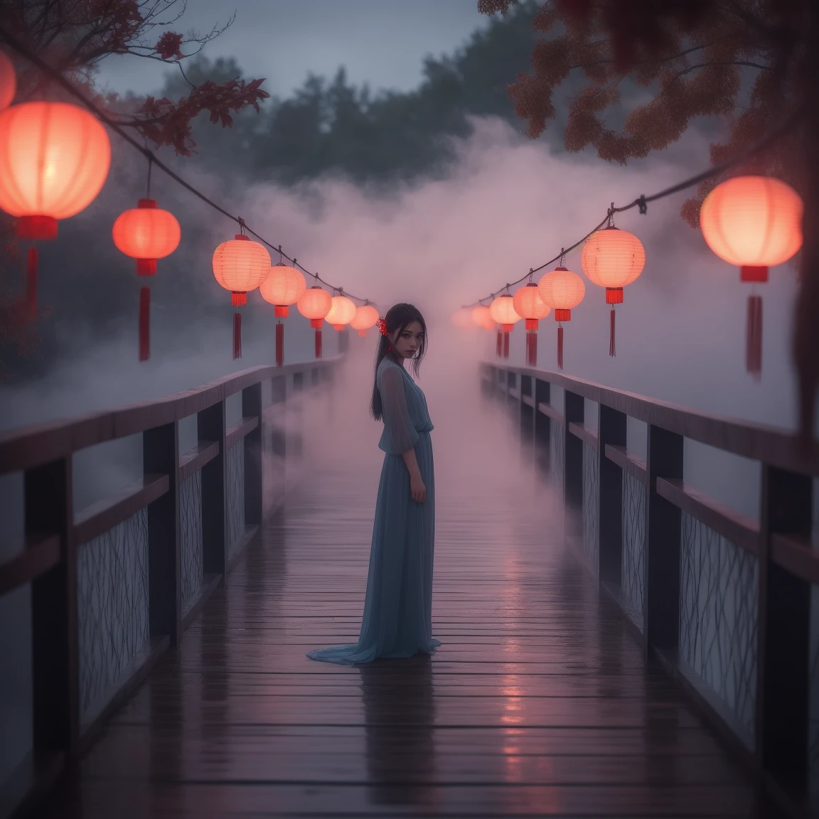 (masterpiece, best quality:1.2), upper body, ((1 beauty girl)), ((wearing clothes)), solo, ((standing pose)), The mysterious Chinese wooden suspension bridge is endlessly long, floating in the mist, on both sides of the bridge are fallen lanterns, on both sides of the river are decorated with red spider lilies, ethereal lighting, delicate smoke effects, dreamlike background , the symbol symbolizes the spiritual journey and reunion, gentle pastel colors, quiet atmosphere, chinese hell theme, cinematic, dark scene,