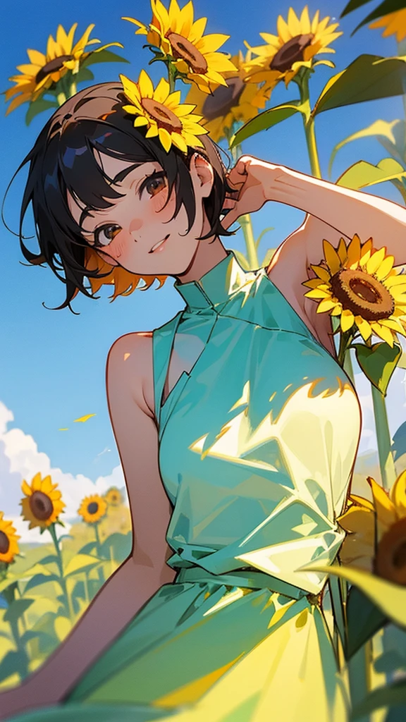  master piece, best quality, for below, cinematic angle, upper body , pigeon toed,  
Anime-style Moe illustration, summer vacation theme, 20-year-old 4womans holding a bouquet of sunflowers, short hair, summer dress, slightly inner thighs, smile, accurate drawing, Active pose,