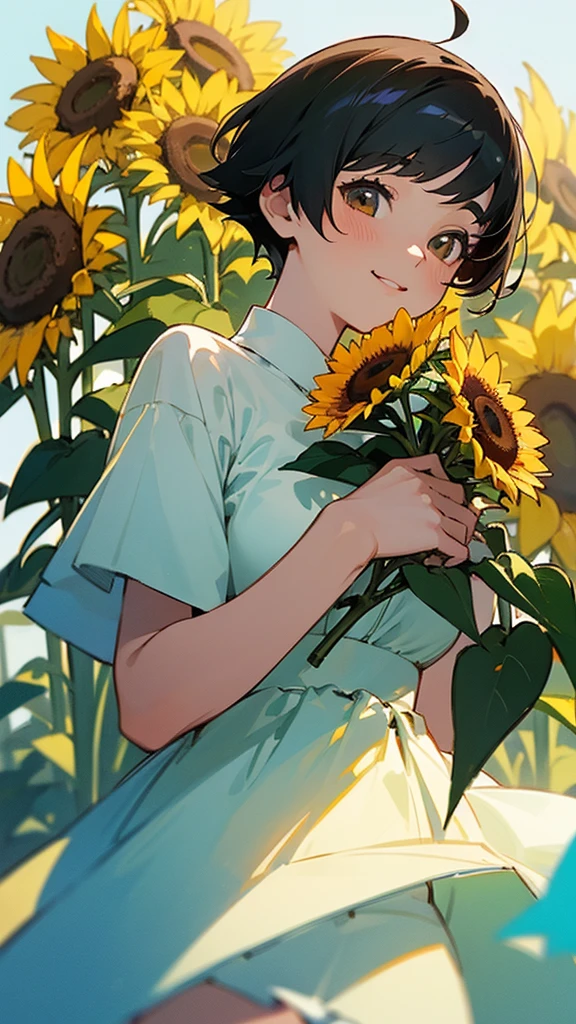  master piece, best quality, for below, cinematic angle, upper body , pigeon toed,  
Anime-style Moe illustration, summer vacation theme, 20-year-old 4womans holding a bouquet of sunflowers, short hair, summer dress, slightly inner thighs, smile, accurate drawing, Active pose,