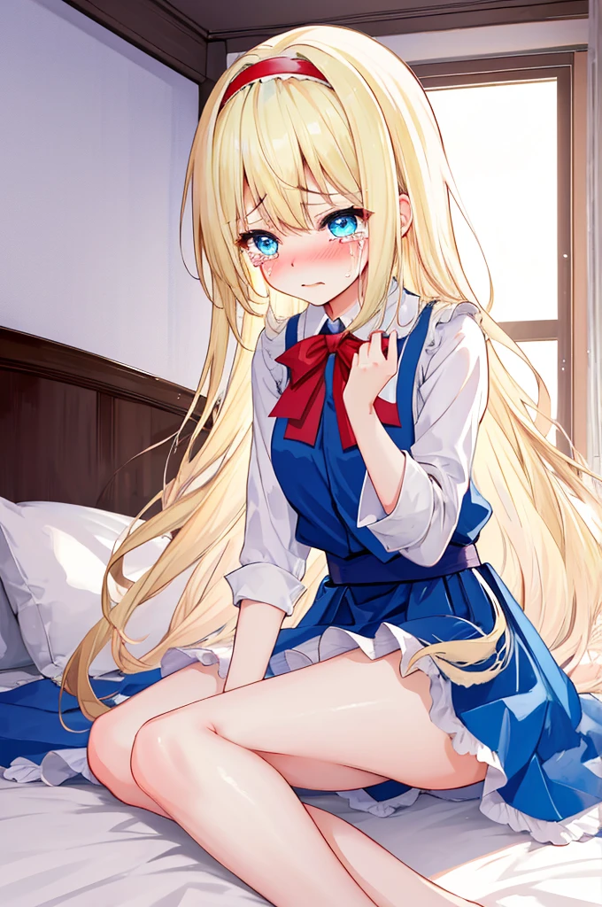 A girl with big ，Alice漫游仙境，fairy tales，((Alice))，Light blond long hair，Blue Eyes，Well-behaved and cute，Sitting on the bed，(nsfw:0.8)，(blush)，Wronged，Tears，