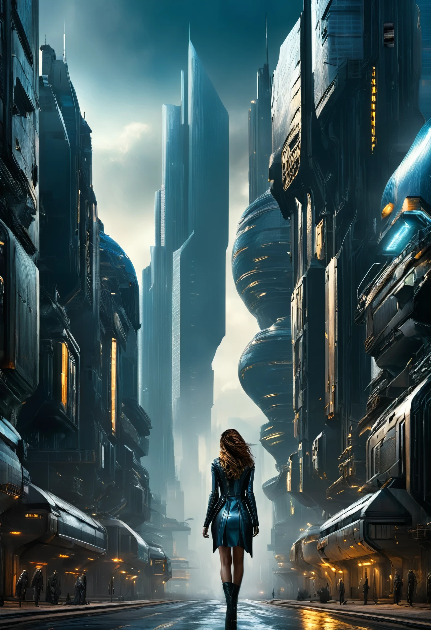 image taken from under the skirt of a giant girl bigger than the buildings, She is walking between the buildings of an ultrafuturistic North American megalopolis city, the city has many metallic buildings and houses in dark colors, from dark blue to black, the city has shades of metal gray, has smoky metal structures , industrial environment with smoke and fog around, dark cars on the streets, desert megalopolis, Modern metal rails and trains passing through the city streets, tall futuristic metal buildings, many ultramodern buildings around, , as realistic as possible, as detailed as possible, Science fiction, there are 2 planets in the sky through the dense atmosphere
