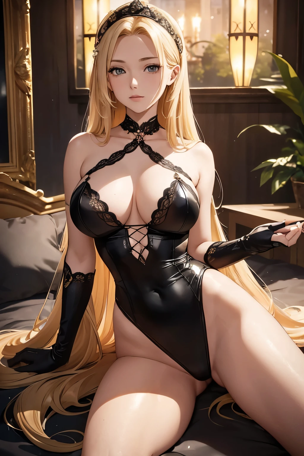 Blonde maid with exceptionally long hair, cascading down to her waist in waves of golden silk, possessing fair and radiant skin. She is elegantly adorned in a wet black erotic leotard, accentuating her figure, paired with intricate gloves that echo the aesthetic of Aphrodite and Jean Gray. The setting is a rustic, indoor environment at night, where she lies on a bed, surrounded by an atmosphere reminiscent of a fusion between Renaissance realism and machine-age aesthetics. The visuals are ultra-realistic in 32K UHD resolution, with cinematic detail, showcasing every curve and contour of her slim yet