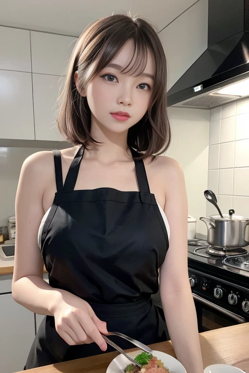 Best image quality、RAW Photos、Ultra-high resolution、16 year old Japanese、Cooking apron、Black Apron、Big round breasts、Short Bob、Glowing White Skin、Beautiful eyes with random colors、Very thin lips、Beautiful eyes in every detail、Long, narrow eyes、Pale pink blush、Long eyelashes、Beautiful double eyelids、eye shadow、Light gray hair、Black Wall、kitchen、Cafe kitchen、Cafe counter table