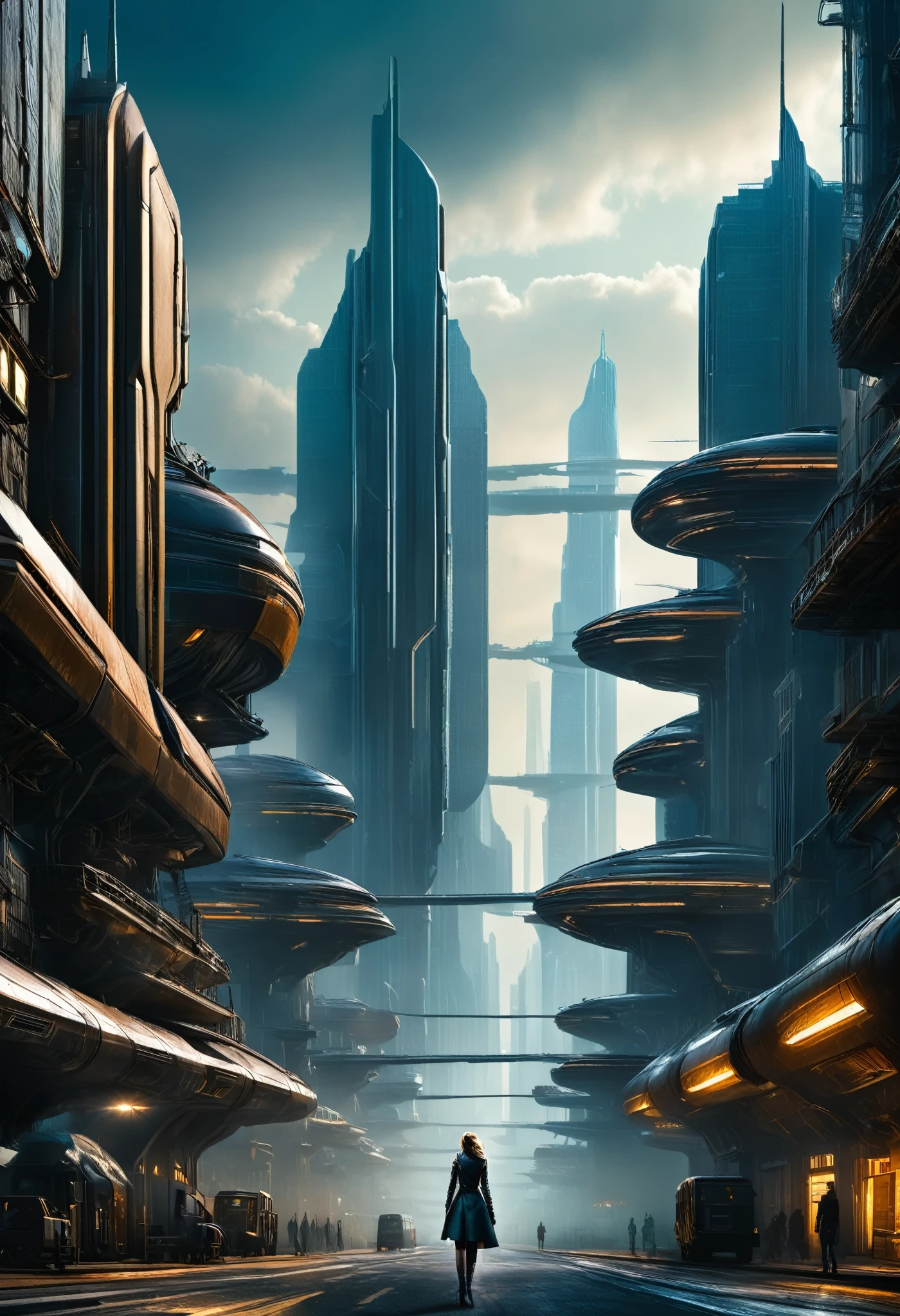 image taken from under the skirt of a giant girl bigger than the buildings, She is walking between the buildings of an ultrafuturistic North American megalopolis city, the city has many metallic buildings and houses in dark colors, from dark blue to black, the city has shades of metal gray, has smoky metal structures , industrial environment with smoke and fog around, dark cars on the streets, desert megalopolis, Modern metal rails and trains passing through the city streets, tall futuristic metal buildings, many ultramodern buildings around, , as realistic as possible, as detailed as possible, Science fiction, there are 2 planets in the sky through the dense atmosphere