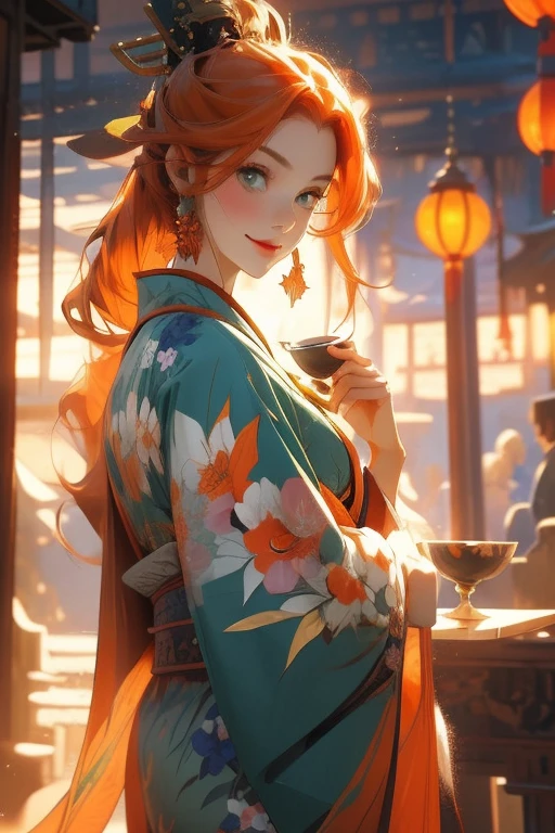 Perfect face. Perfect hands. An orange haired woman with green eyes and an hourglass figure in a kimono is drinking tea in the shrine with a big smile