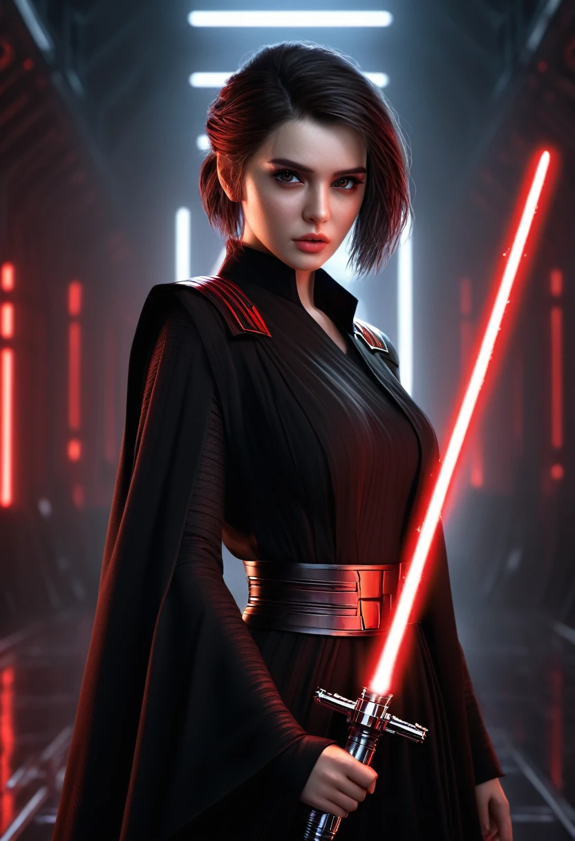 in focus, dark epic background, gorgeous lifelike, dynamic pose, a young lady, (highly detailed face and eyes:1.3), confident expression, holding red lightsaber in his hand, medium shot, hyper details, lighting art, cinematic, insane details, intricate details, hyperdetailed, goth, fractal, dark shot, big , sith (star wars), full body, short hair