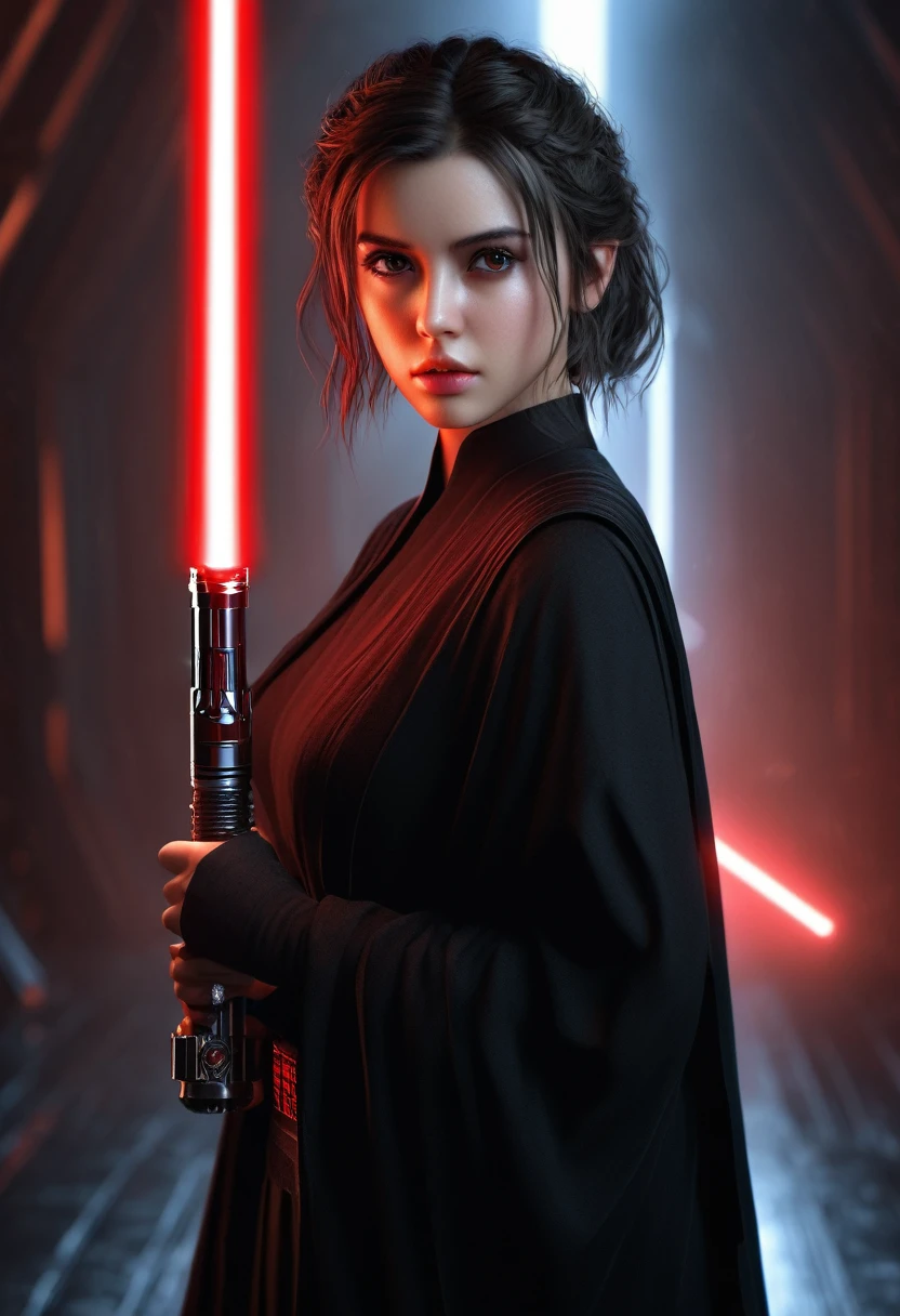 in focus, dark epic background, gorgeous lifelike, dynamic pose, a young lady, (highly detailed face and eyes:1.3), confident expression, holding red lightsaber in his hand, medium shot, hyper details, lighting art, cinematic, insane details, intricate details, hyperdetailed, goth, fractal, dark shot, big , sith (star wars), full body, short hair