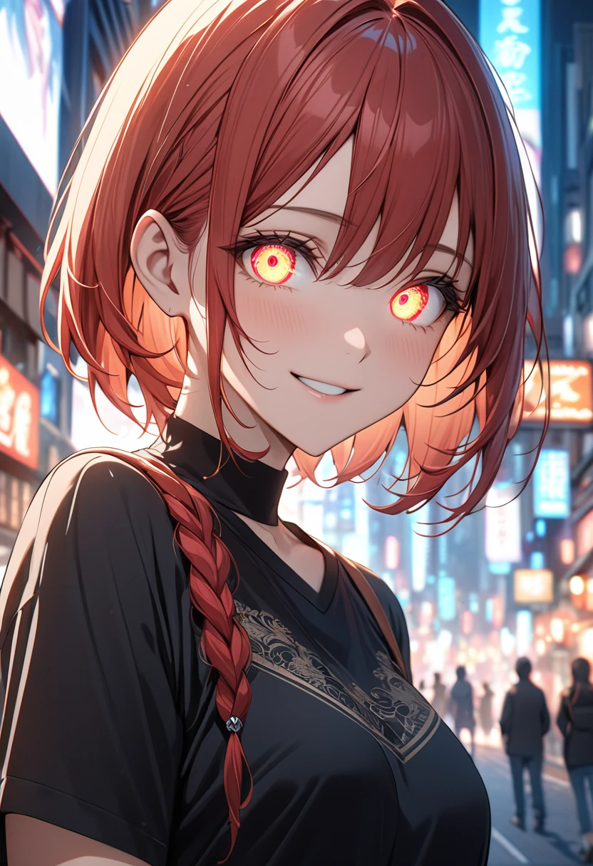 ((Best quality)), ((master piece)), (High datail:1.3), Woman, age 18, red hair, (makima:1.4), (((detailed eyes))), (((glowing eyes))), ([High details]) wearing black shirt, smiling, ((city)), high quality, 4k resolution, depth of field, anime, --v6