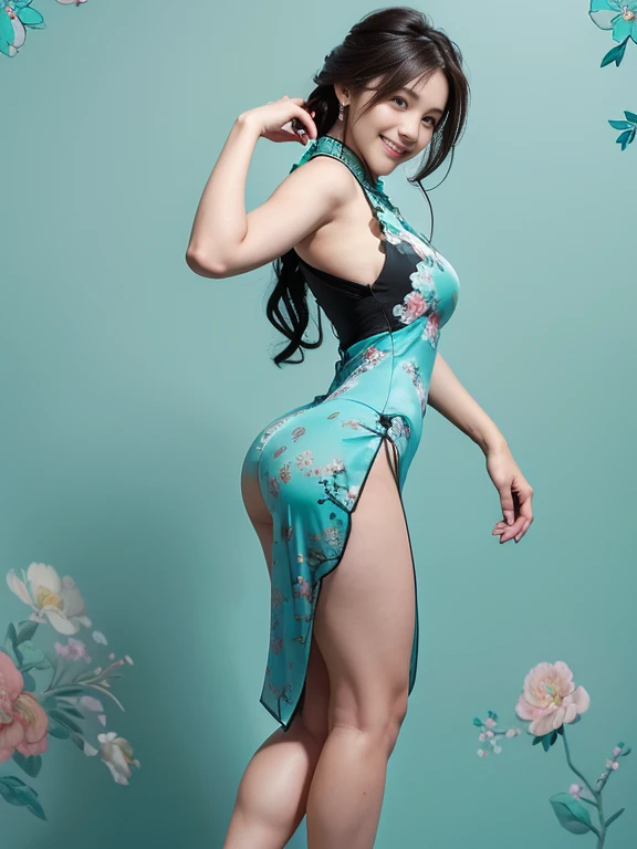 (RAW Photos:1.3), (Realistic:1.4), Beautiful detailed girl, Very detailed eyes and face, Beautiful details, Ridiculous, incredibly Ridiculous, Large file size, Very detailed, (High resolution), Very detailed, (Highest quality), masterpiece, Kemomimi, ((Japanese Girls)),、 shape, Very detailed, (smile:1.4), CG, Unified, (8k wallpaper), wonderful, Finer details, masterpiece, Highest quality, Very detailed CG uniform 8k wallpaper, Light on the face, Cinema Lighting, Bright in the daytime, BREAK, ((A cheongsam with a brilliant turquoise and black floral pattern:1.6)), (Long cheongsam), BREAK, ( One Girl:1.3),Feeling Face、((Big Ass:1.8)), (Strong thighs:1.7), (Glamorous:1.6), Tight waist, ((The dress has a large slit:1.3)), ((Long dress:1.3)), BREAK, ((Sleeveless)),(Ample breasts:1.4)、((Her cleavage is wide open:1.3)), 24-years-old、very,、shiny light brown hair、Looking into the camera、 BREAK, ((At the club:1.4)), White background, BREAK, (:1.4. Standing), ((Take a full-body photo:1.3)), (from side:1.8), (legs focus:1.6)),