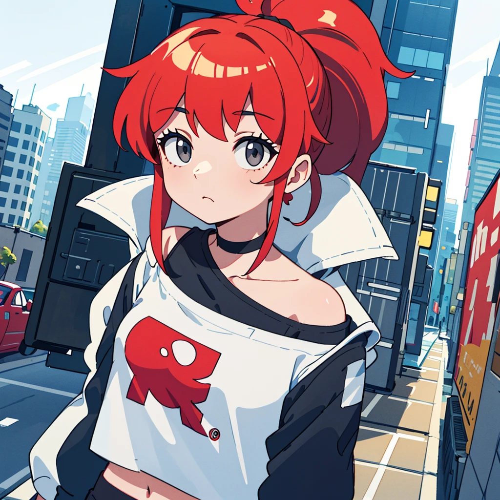 ultra closeup, Visible only up to the shoulders, portrait, [[[[[[1 woman]]]]]] {{{ponytail hair}}}, With bangs, long hair, red hair, gray eyes animation, Breasts slightly larger, medium hips, choker, with a straight face, inexpressive, black clothes, Casual clothes, Boxty, crop tee, white outerwear, choker, very detailed, 8k, game illustration, city background, retro pictures