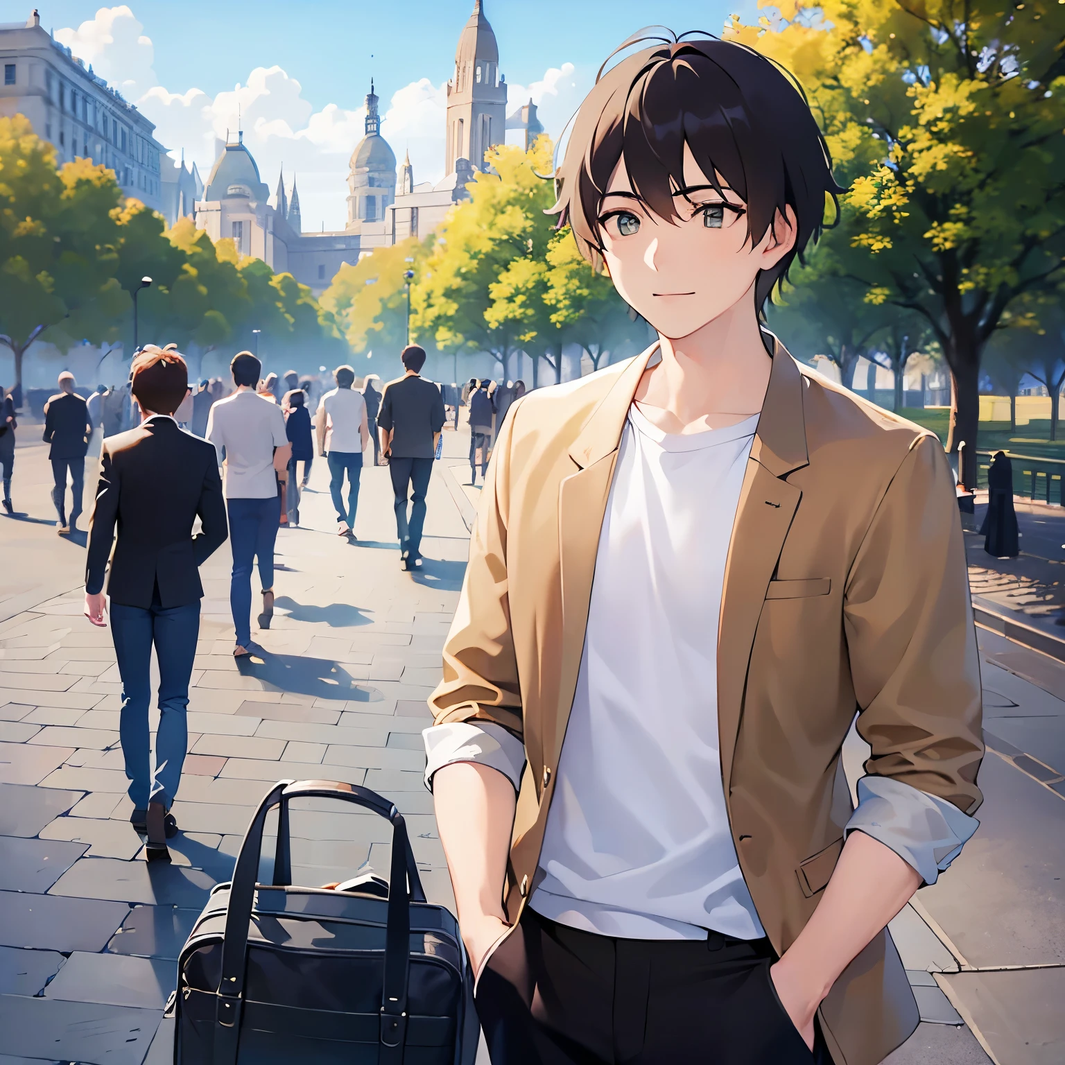 (looking away:1.5),upper body,
masterpiece、Highest quality、
BREAK (25-year-old male:1.5) and (Mahogany brown short hair) and (Green Eyes)
BREAK,Black long sleeve shirt,The background is a park
(smile:1.3),The background is a park