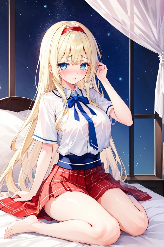 A girl with big ,Alice漫游仙境,fairy tales,((Alice)),Light blond long hair,Blue Eyes,Well-behaved and cute,Sitting on the bed,(nsfw:0.8),(blush),Wronged,Tears,