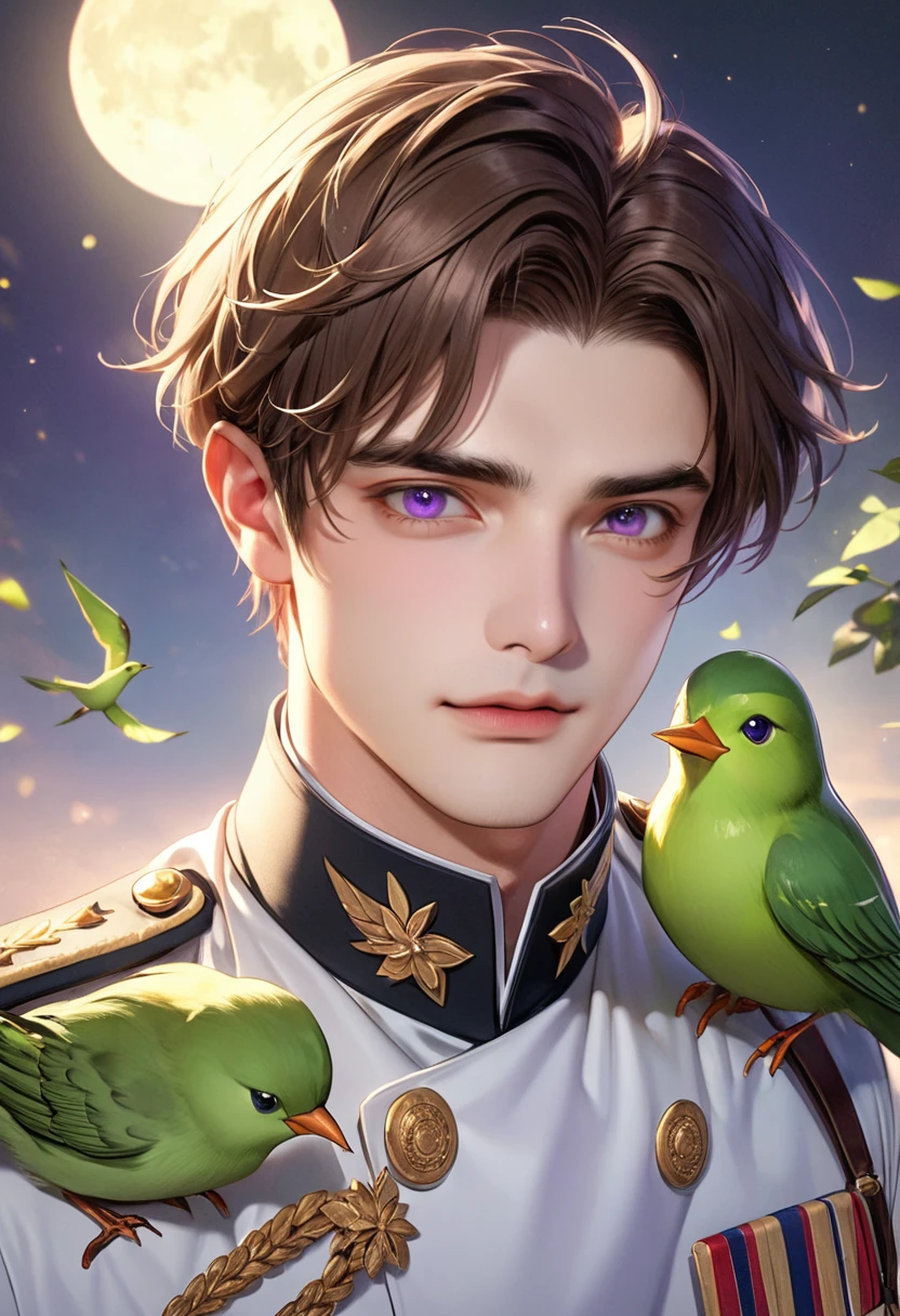 1 male　Short brown hair and eyebrows　Bangs that cover the forehead　 Purple Eyes　White military uniform　full moon　A thin green bird on your shoulder