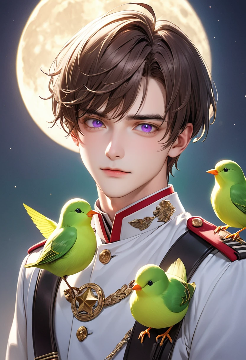 1 male Short brown hair and eyebrows Bangs that cover the forehead Purple Eyes White military uniform full moon A thin green bird on your shoulder
