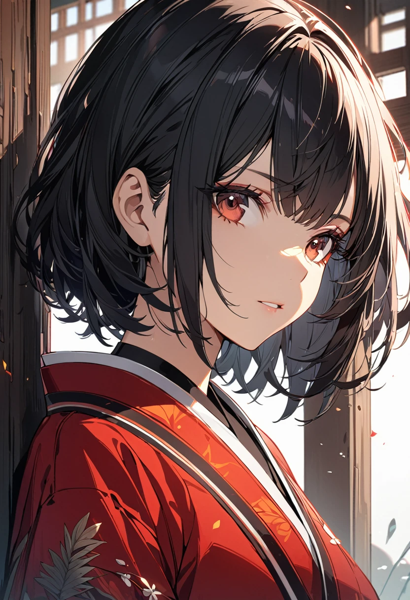 (Detailed and top quality illustrations:1.2), (pretty girl:1.0), (1 girl, alone:1.0), (Black short hair:1.0), (Red kimono:1.0), (Upper Body:1.0), (Very detailed, High resolution, 4K:1.0),