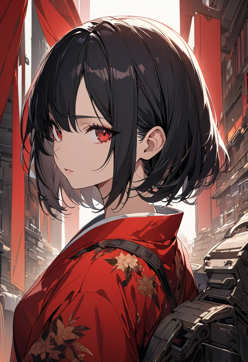 (Detailed and top quality illustrations:1.2), (pretty girl:1.0), (1 girl, alone:1.0), (Black short hair:1.0), (Red kimono:1.0), (Upper Body:1.0), (Very detailed, High resolution, 4K:1.0),