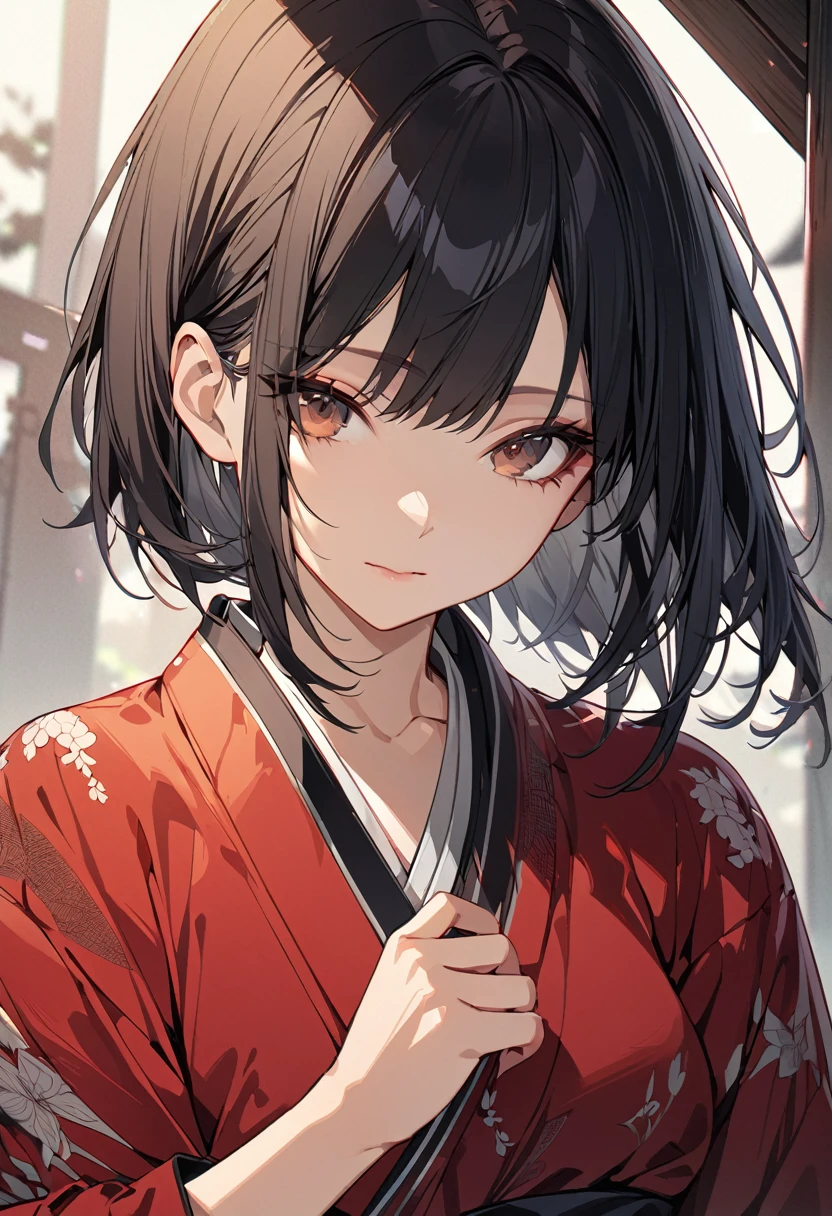 (Detailed and top quality illustrations:1.2), (pretty girl:1.0), (1 girl, alone:1.0), (Black short hair:1.0), (Red kimono:1.0), (Upper Body:1.0), (Very detailed, High resolution, 4K:1.0),