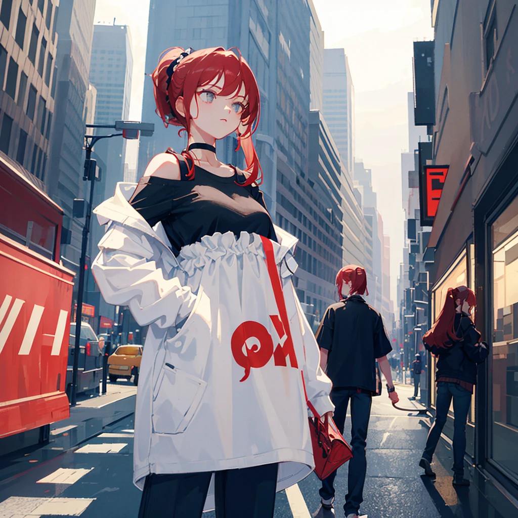 ultra closeup, Visible only up to the shoulders, portrait, [[[[[[1 woman]]]]]] {{{ponytail hair}}}, With bangs, long hair, red hair, gray eyes animation, Breasts slightly larger, medium hips, choker, with a straight face, inexpressive, black clothes, Casual clothes, Boxty, crop tee, white outerwear, choker, very detailed, 8k, game illustration, city background, retro pictures
