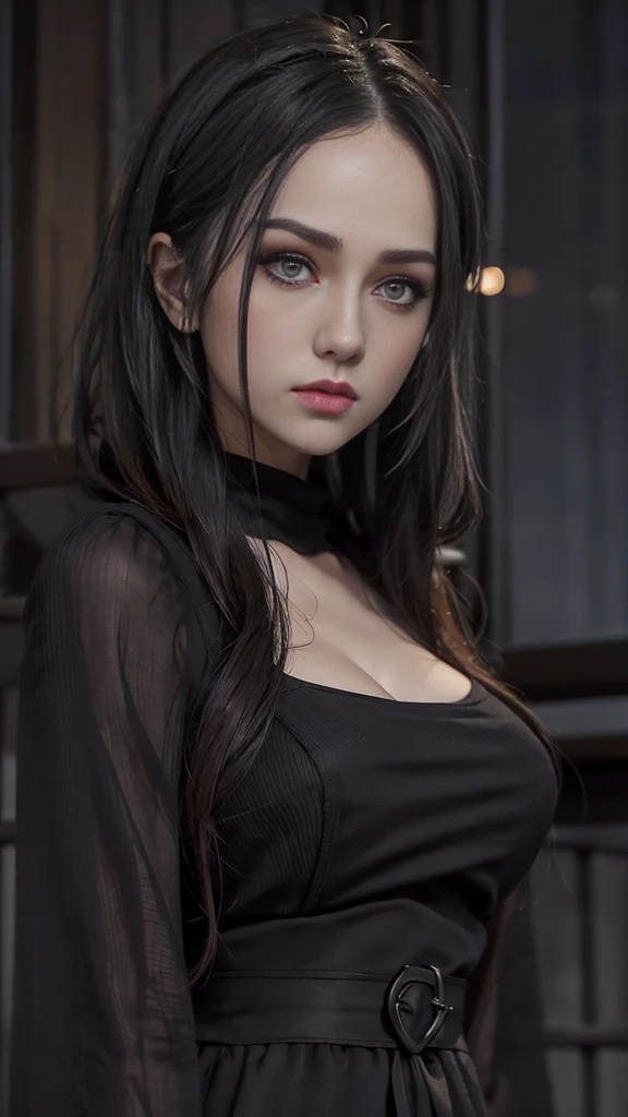 a gothic emo girl with dark intense eyes, beautiful piercing gaze, long eyelashes, detailed facial features, Long Straight black hair, Big Breasts, emotive expression, black hoodie, dark aesthetic, dramatic lighting, cinematic composition, moody color palette, brooding atmosphere, masterpiece, 8k, photorealistic