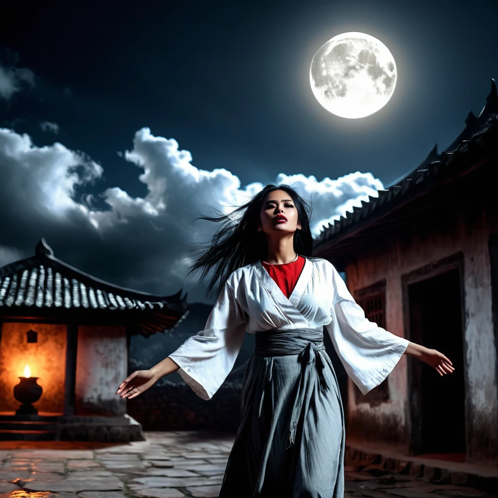 A haunting masterpiece, of unparalleled quality, showcasing a woman floating high in courtyard of the village house (indonesia), dramatic sky on background, full moon. She wear long white slubby dirty cloth, her black hair were so long long covered her face. windy mood. scene is rendered in exquisite detail, a testament to the artist's skill. The atmosphere is horrific, laden with sadness and a profound sense of melancholy. The woman torn clothing is rendered with details, contrasting starkly with the somber scene. The dramatic lighting, inspired by chiaroscuro, creates a cinematic atmosphere, with deep shadows and highlights that evoke a moody, gritty, and dark gothic ambiance. [The character is surrounded by mist, evoking a mysterious and eerie atmosphere. The lighting is dark and atmospheric, with a red smoke adding a touch of sinister ambiance. The image is of the best quality, with a resolution of 4k and HDR enhancement, showcasing the utmost level of detail and realism, sfw, full body shot.]. [8K, Best Quality, Masterpiece, Ultra High Resolution, (highly detailed CG unity 8k wallpaper), (best photo), (best shadows), isometric 3D, octane rendering, ray tracing, highly detailed, (Best quality, 4K, 8k, A high resolution, masterpiece:1.2), absurdity, masterpiece, ultra detailed, (realistic, photorealistic, photorealistic:1.37), complex parts, HDR, (complex parts:1.12), (hyper detailed, hyper realistic, Soft lighting, spicy:1.2), (complex parts, Hyper detailed:1.15). Blurred foreground. (backlit), realistic, masterpiece, high quality, brightness, chromatic aberration, 8k uhd, some smoke, shadows, contrast, clear sky, (warm hue, warm tone), high details, natural reflections].