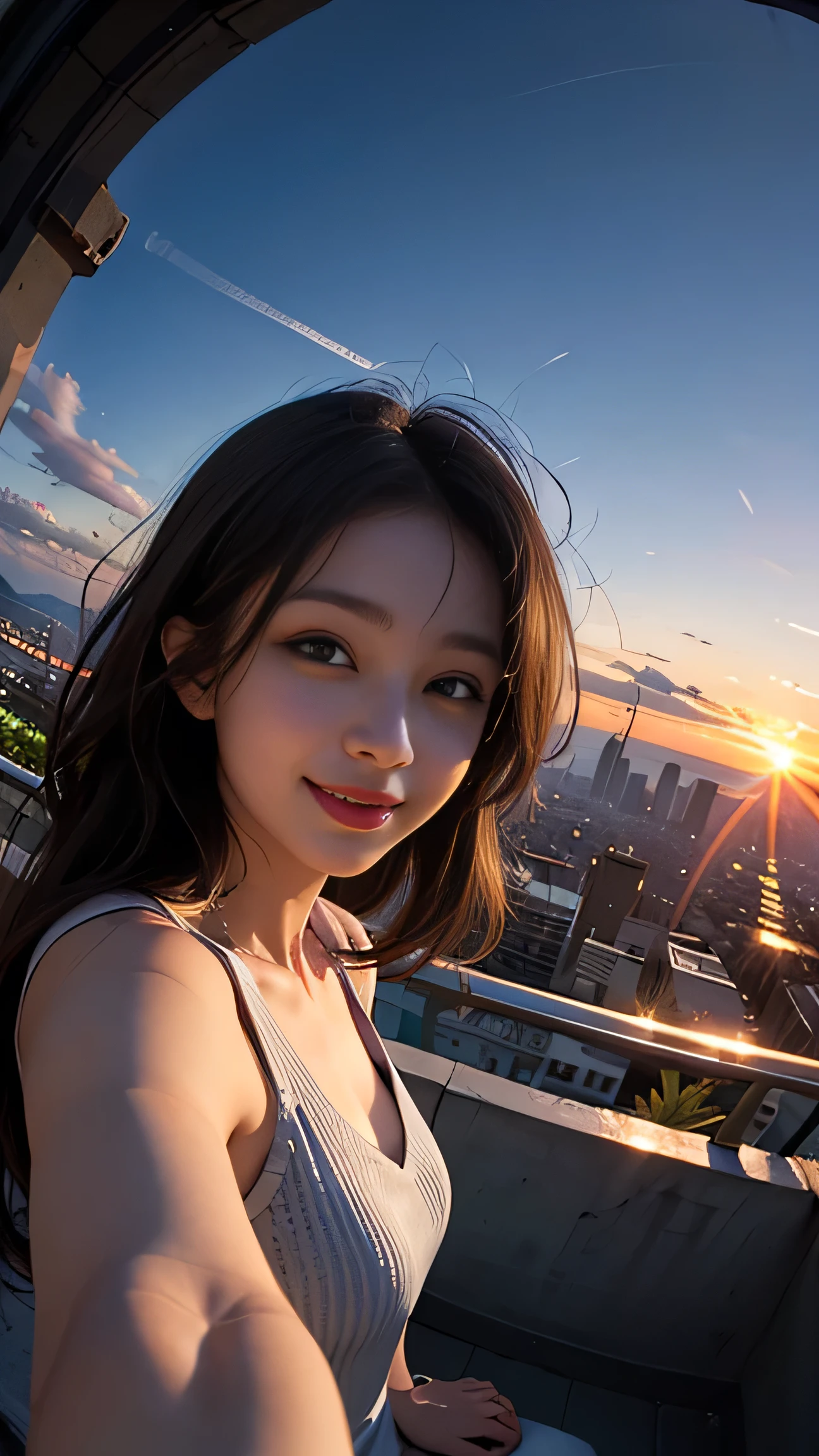 One girl, Korean, Fisheye Lens, Selfie, Wind, Messy Hair, sunset, Cityscape, (Aesthetics and atmosphere:1.2),smile