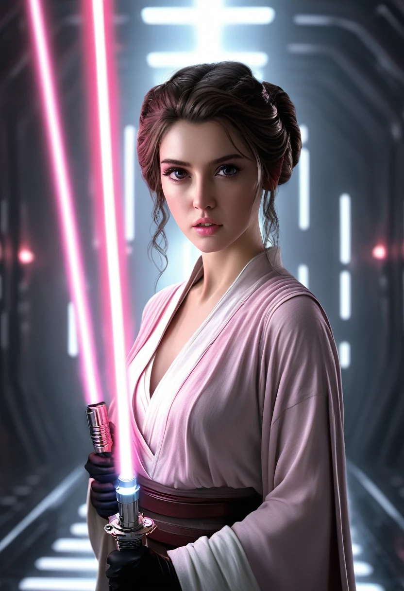 ultra wide angle, in focus, light epic background, gorgeous lifelike, dynamic pose, a young lady, (highly detailed face and eyes:1.3), arrogant expression, holding pink lightsaber in his hand, medium shot, hyper details, lighting art, cinematic, insane details, intricate details, hyperdetailed, jedi com roupas brancas, fractal, dark shot, big , full body, jedi (Star wars), white clothes