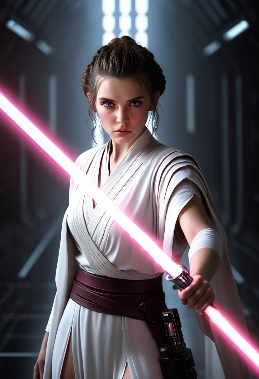 ultra wide angle, in focus, light epic background, gorgeous lifelike, dynamic pose, a young lady, (highly detailed face and eyes:1.3), arrogant expression, holding pink lightsaber in his hand, medium shot, hyper details, lighting art, cinematic, insane details, intricate details, hyperdetailed, jedi com roupas brancas, fractal, dark shot, big , full body, jedi (Star wars), white clothes