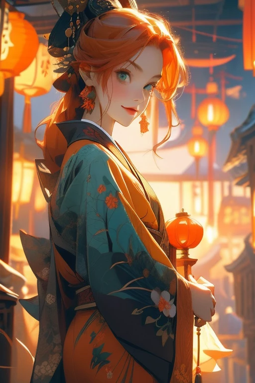 Perfect face. Perfect hands. An orange haired woman with green eyes and an hourglass figure in a kimono is holding a paper lantern with a polite smile at the shrine