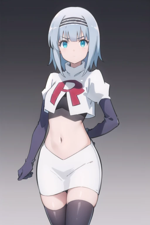 solo, 1girl, looking at viewer, 2D, anime, anime coloring, (simple background, solid white background:1.3), linze silhoueska, team rocket,team rocket uniform,white skirt,red letter R,crop top,black thigh-highs,black elbow gloves