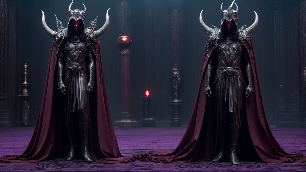 Deity, ancient being, tall, horns forming a crown, extraterrestrial, humanoid body, omnipotent, semi-naked, long violet-black and red cloaks that partially cover the body, unnatural skull for a head, fissures for eyes, bare head.