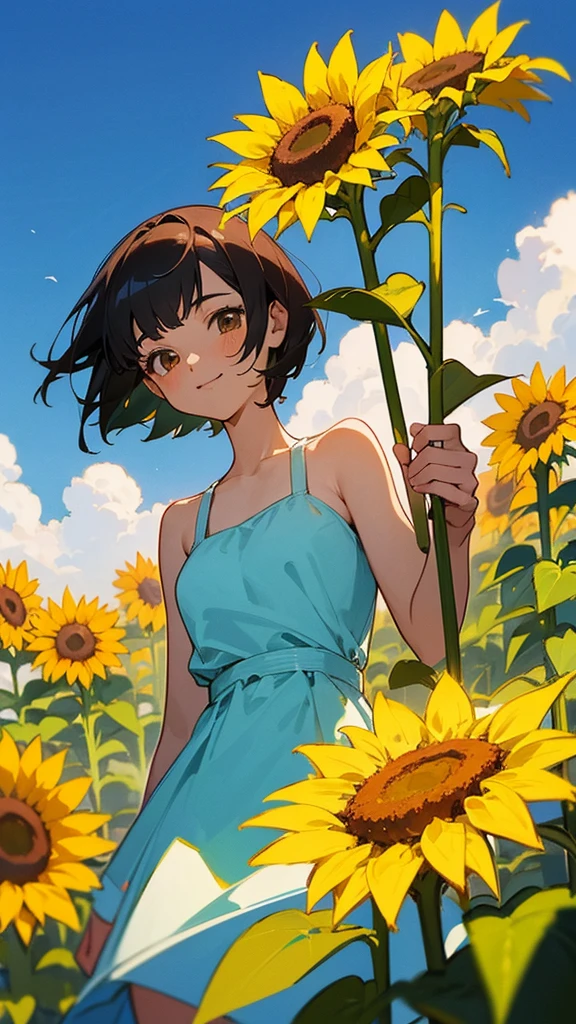  master piece, best quality, for below, cinematic angle, upper body , pigeon toed,  
Anime-style Moe illustration, summer vacation theme, 20-year-old 4womans holding a bouquet of sunflowers, short hair, summer dress, slightly inner thighs, smile, accurate drawing, Active pose,