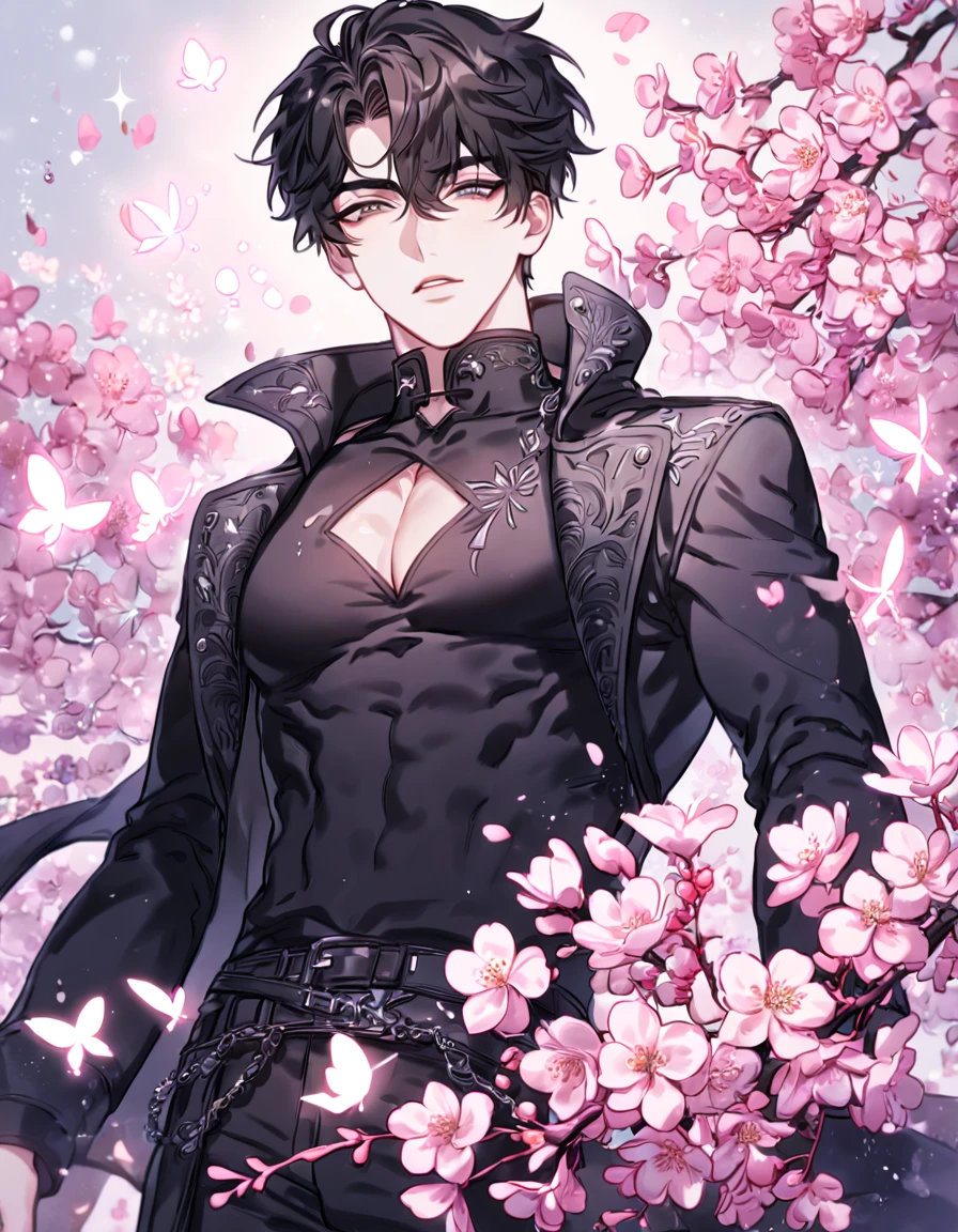 Ultra detailed, HDR, Highres, absurdres, master piece, Yoo Joonghyuk, black hair, expressive gray eyes, black coat, black tight turtleneck shirt, toned chest, Omniscient Reader's viewpoint, sexy man, handsome, cherry, flowers, blossoms, fantasy, magical, pink leaves, sensual, best quality, glittering, pink butterflies, pink ice,