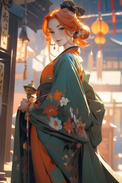 Perfect face. Perfect hands. An orange haired woman with green eyes and an hourglass figure in a kimono is holding a bell with a polite smile at the shrine